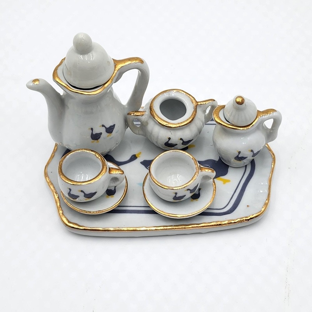 Vintage 80s Miniature Porcelain Tea Set with Country Goose Motif Gold Trim 10 Pc